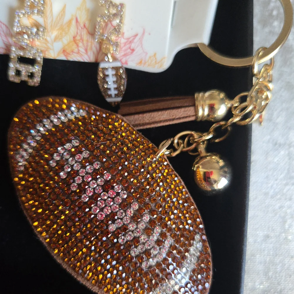 🏈5pc Football Bling🏈 Bag Charm/Keychain, Earrings and (3)Bracelet Set🏈